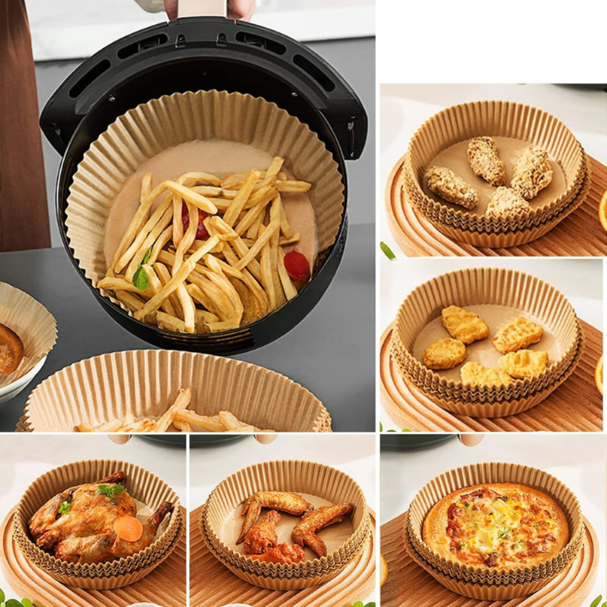 Set 50 Hartii de Copt, pentru Airfryer, Antiaderent, Rezistent la Caldura, Unica Folosinta, Model Rotund, 20 x 4,5, Maro