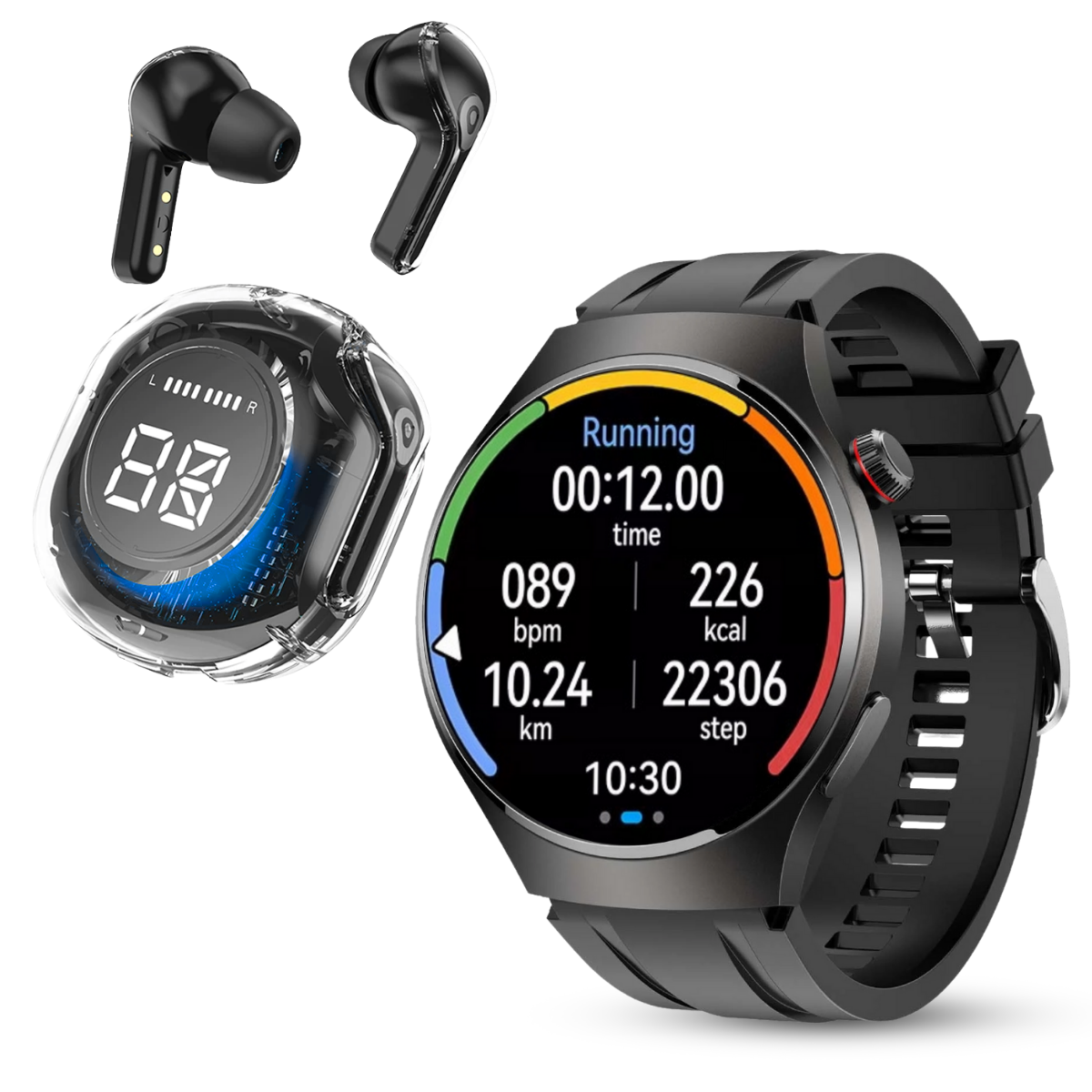 Set Smartwatch Barbati + Casti Wireless, Ecran LCD 1.52", Control Tactil, Apel Bluetooth, Multi Sport, Monitorizare Sanatate, Negru