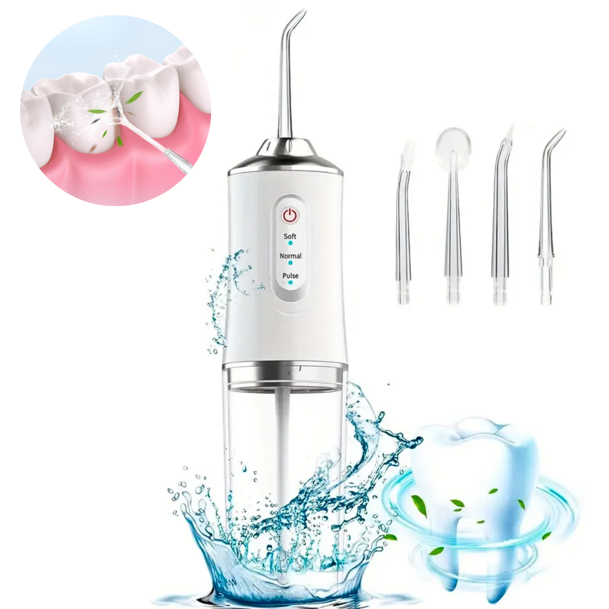 Irigator Bucal Profesional, Dus Bucal Portabil, 4 Capete, 3 Moduri de Curatare, Rezervor 230ml, Roz