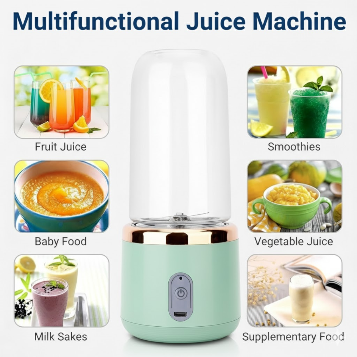 1 + 1 Blender Portabil, 2 Recipiente, Diferite culori, 400 ml, 6 Lame 3D, USB-C reincarcabil, 45W, Capac Inclus, Turcoaz