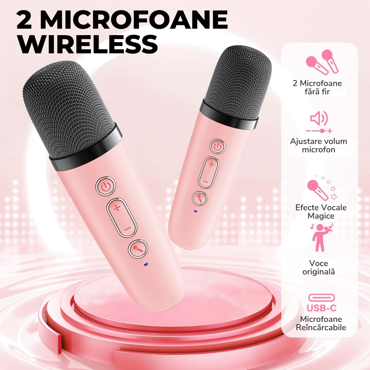 Set Karaoke cu Boxa Bluetooth si 2 Microfoane Wireless, Lumini LED RGB Dinamice, Incarcare Type-C, Port AUX, Slot Card TF, Roz, easyCTRL®