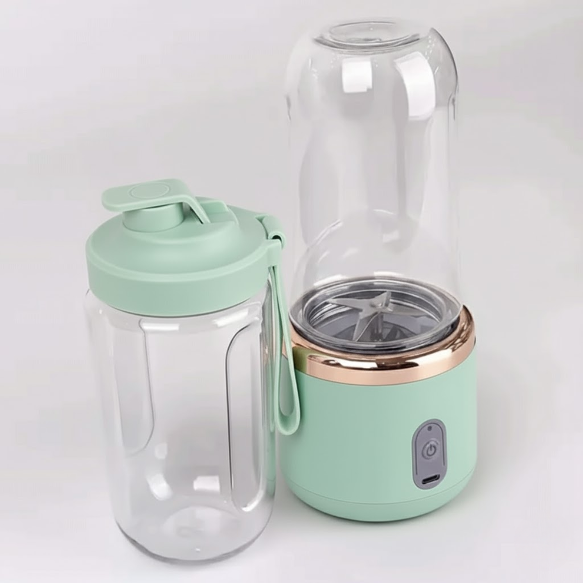 1 + 1 Blender Portabil, 2 Recipiente, Diferite culori, 400 ml, 6 Lame 3D, USB-C reincarcabil, 45W, Capac Inclus, Turcoaz