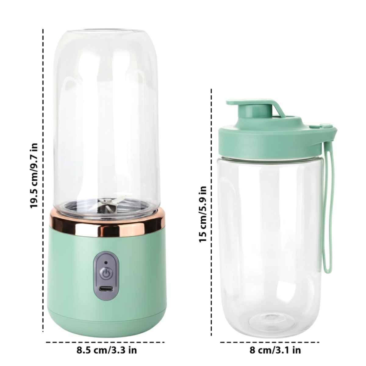 1 + 1 Blender Portabil, 2 Recipiente, Diferite culori, 400 ml, 6 Lame 3D, USB-C reincarcabil, 45W, Capac Inclus, Turcoaz