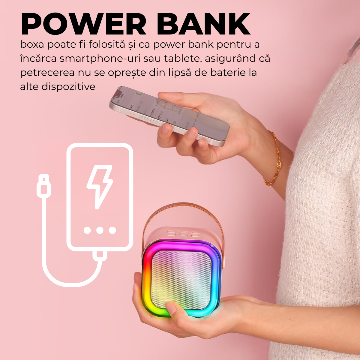 Set Karaoke cu Boxa Bluetooth si 2 Microfoane Wireless, Lumini LED RGB Dinamice, Incarcare Type-C, Port AUX, Slot Card TF, Roz, easyCTRL®