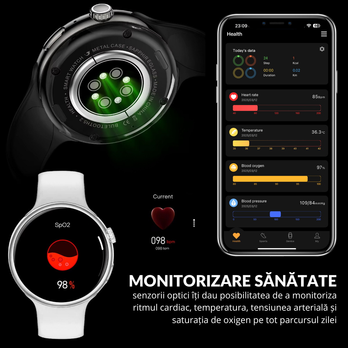 Ceas smartwatch de dama, Ecran Tactil LCD 1.46", Control prin Gesturi, Apel Bluetooth, Multi Sport, Monitorizare Sanatate, Alb