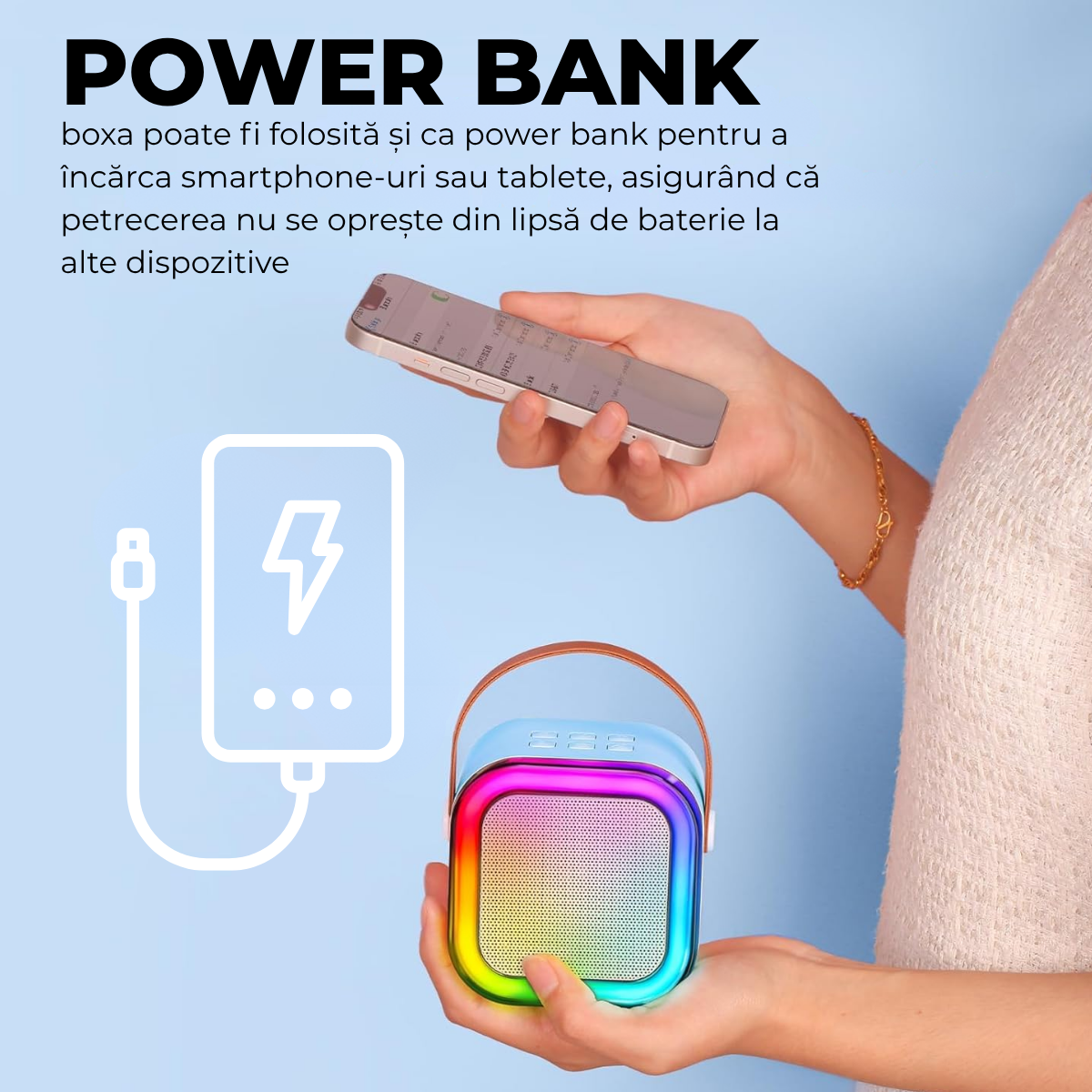 Set Karaoke cu Boxa Bluetooth si 2 Microfoane Wireless, Lumini LED RGB Dinamice, Incarcare Type-C, Port AUX, Slot Card TF, Bleu, easyCTRL®