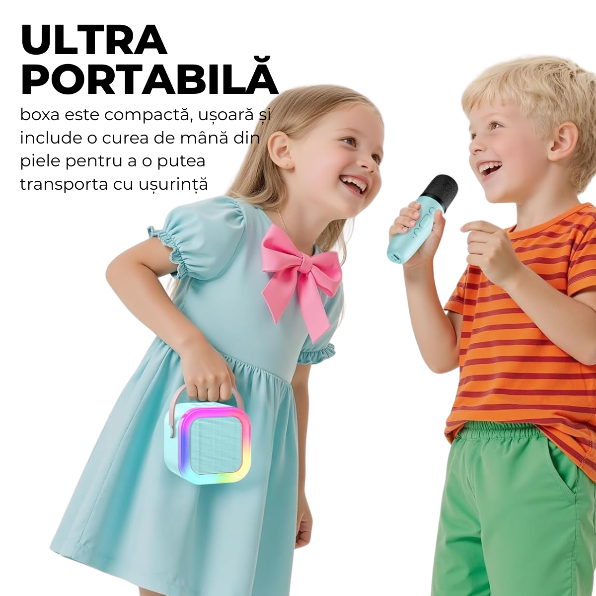 Set Karaoke cu Boxa Bluetooth si 2 Microfoane Wireless, Lumini LED RGB Dinamice, Incarcare Type-C, Port AUX, Slot Card TF, Bleu, easyCTRL®
