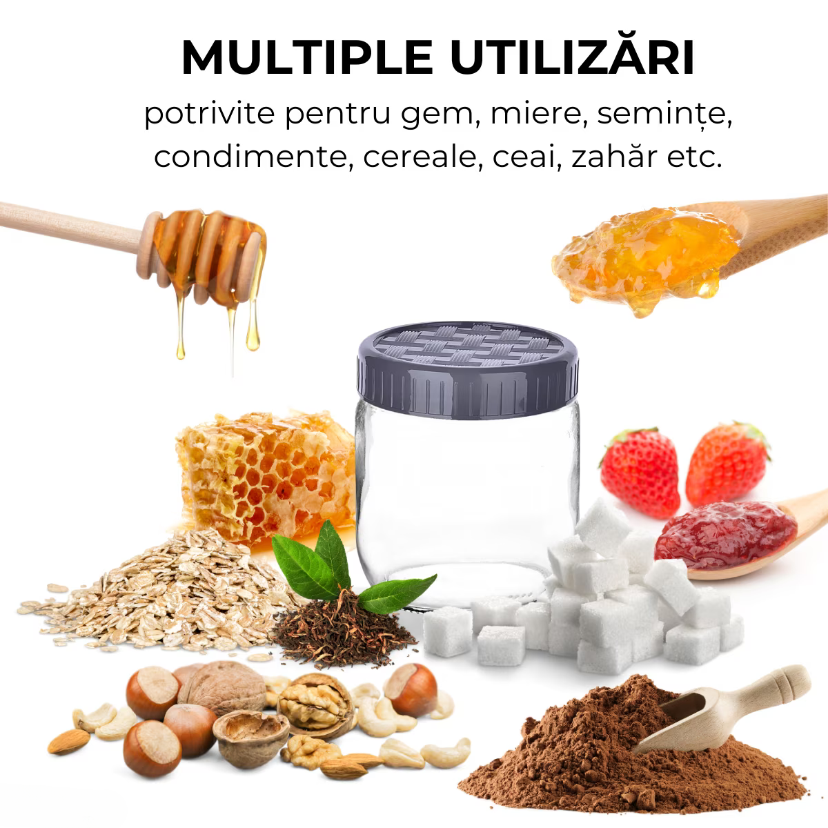 Set 5 borcane depozitare alimente, sticla, capac cu filet, 300 ml