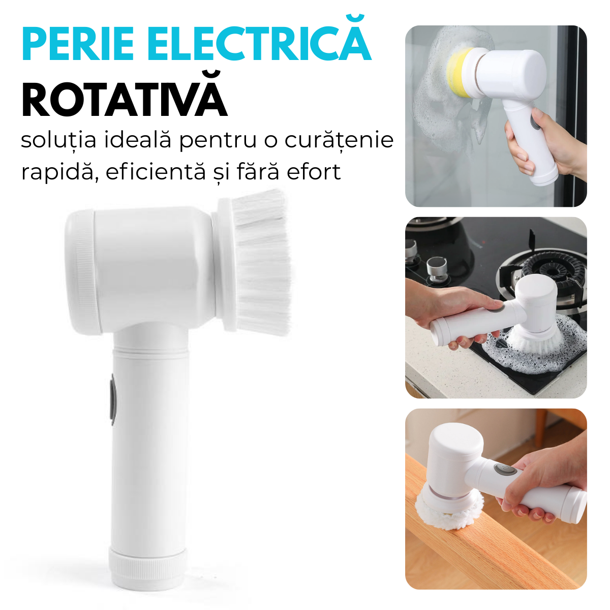 Perie Electrica Rotativa pentru curatare fara efort, 3 Capete Detasabile, Suport de perete, Fara fir, Rezistenta la apa