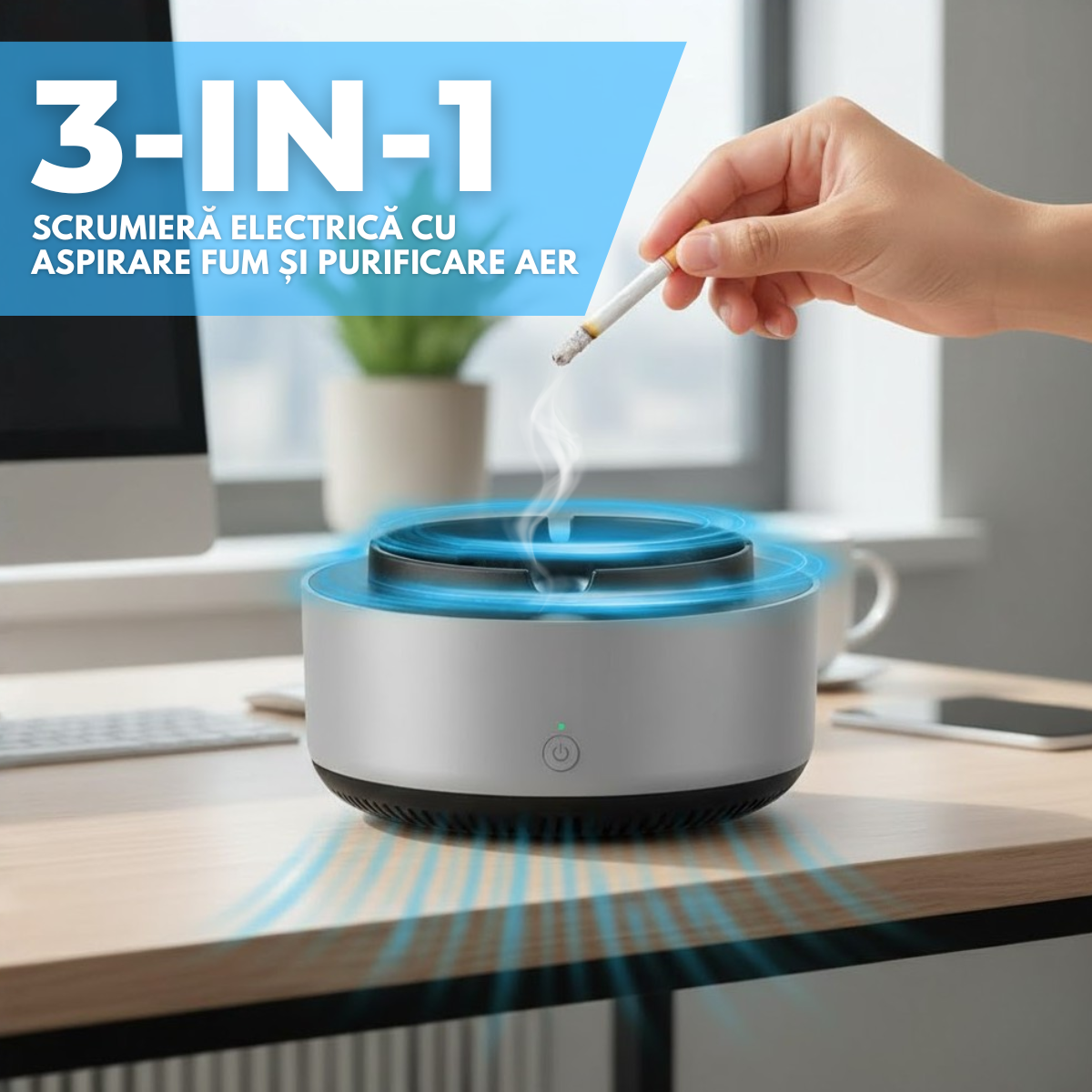 Scrumiera Electrica Multifunctionala 3-in-1, Aspirare Fum 360°, Purificare Aer, Tableta Odorizanta, Oprire Automata, Alimentare pe Baterii, easyCTRL®