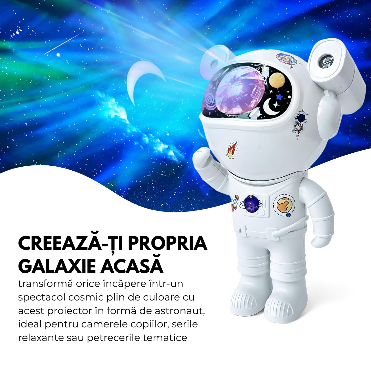 Proiector Galaxie Astronaut, Boxa Bluetooth, Lampa de veghe, Suport Magnetic Reglabil 360°, Brate Mobile, Alb