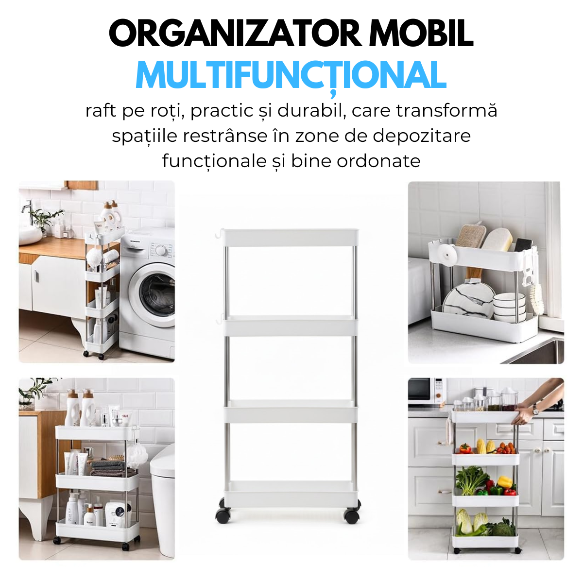 Raft Depozitare Mobil pentru Bucatarie/Baie, Modular pe 4 Niveluri, 4 Roti, 3 Carlige detasabile, pentru Organizarea Spatiilor Inguste, 40x13x87 cm