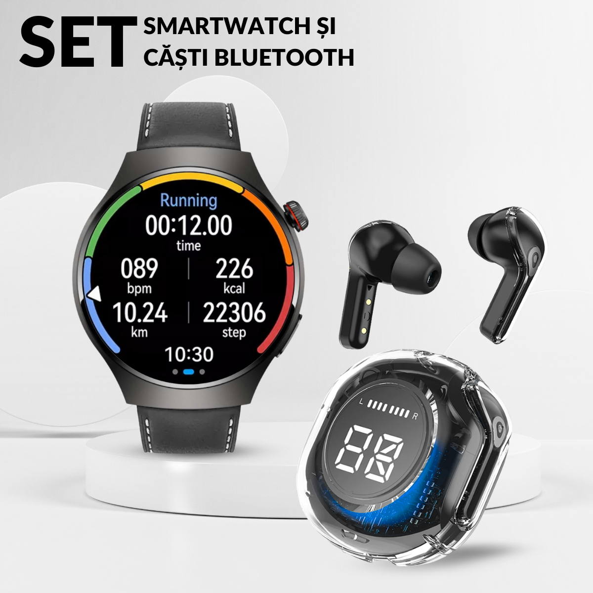 Set Smartwatch Barbati + Casti Wireless, Ecran LCD 1.52", Control Tactil, Apel Bluetooth, Multi Sport, Monitorizare Sanatate, Negru
