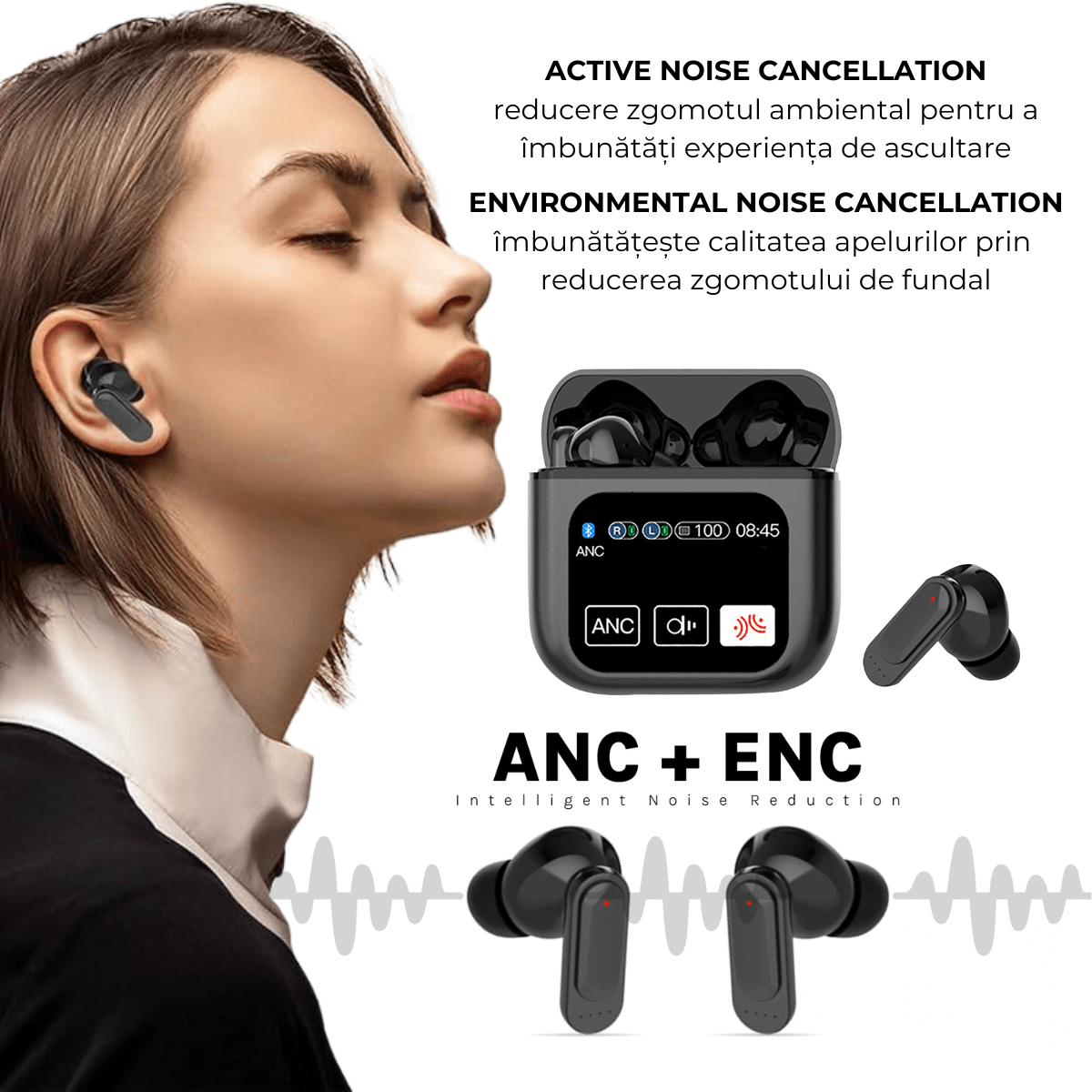 Casti Wireless In Ear, Carcasa cu Touch Screen, Bluetooth 5.4, Control Tactil, Anulare Zgomot ANC + ENC, Negru