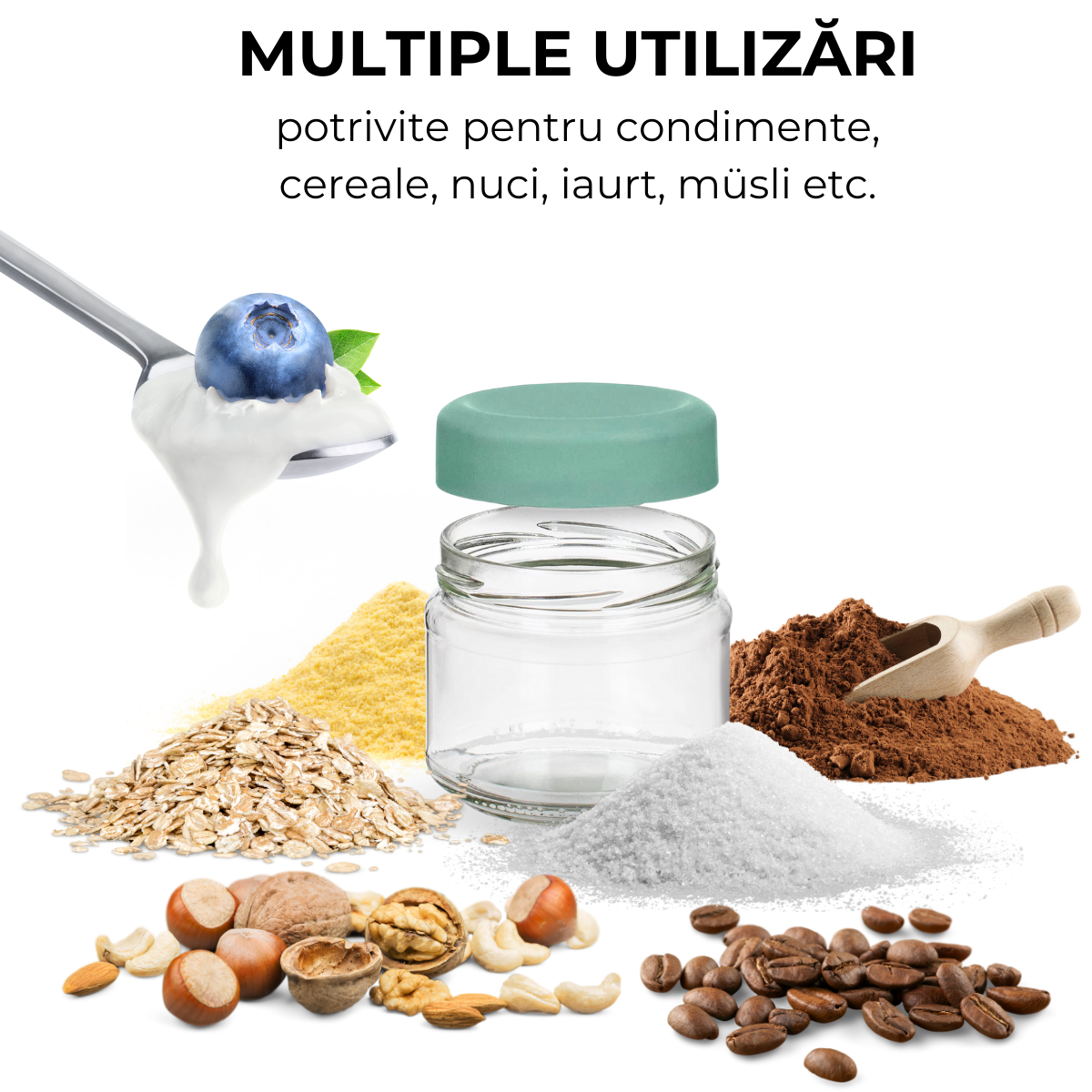 Set 4 borcane depozitare alimente, sticla, capac cu filet, 330 ml