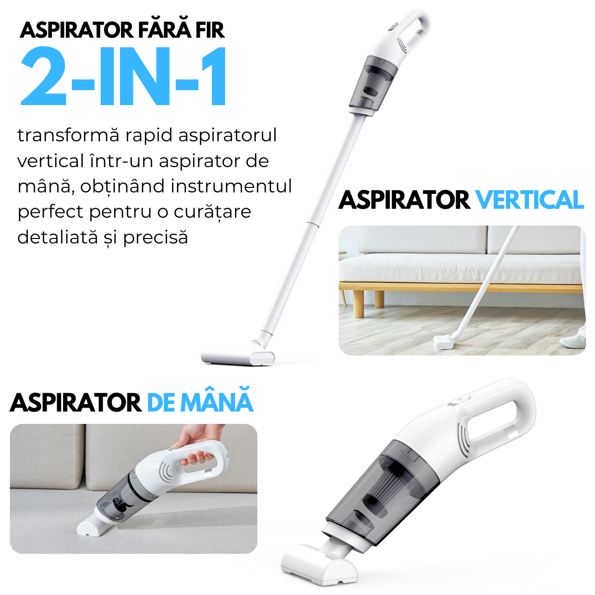 Aspirator fara fir 2-in-1, Vertical si de Mana, Acumulator 2000mAh, pentru Casa, Masina, Birou, 120W, Filtru HEPA, Accesorii Multifunctionale