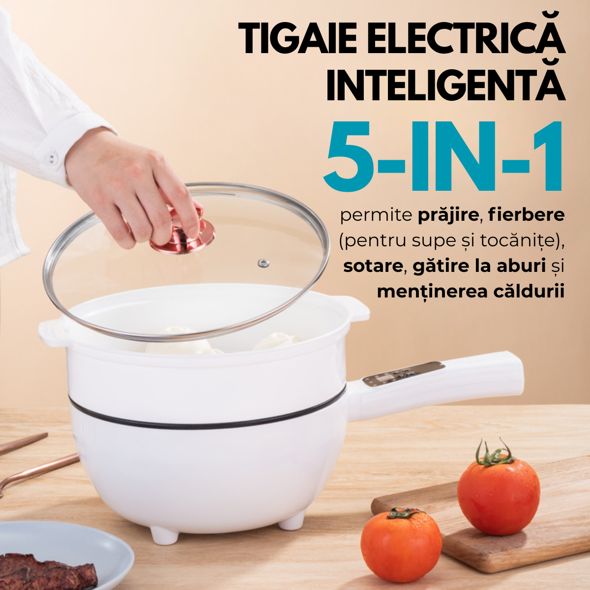 Tigaie Electrica Inteligenta, Multifunctionala, Capacitate 3L, Panou Control Digital, 1000W, Prajire, Fierbere, Sotare, Gatire la Aburi, Mentinerea Caldurii, Diametru 24 cm