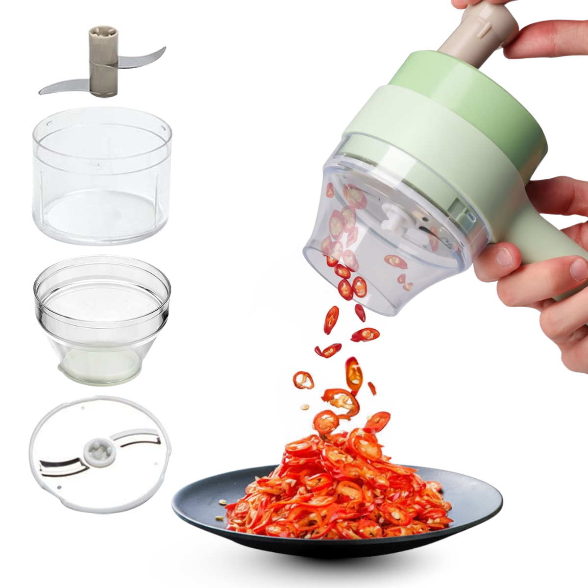 Tocator 4 in 1 Electric Portabil, Portabil, 2 lame, 2 recipient, Alimentare Type-C, Verde