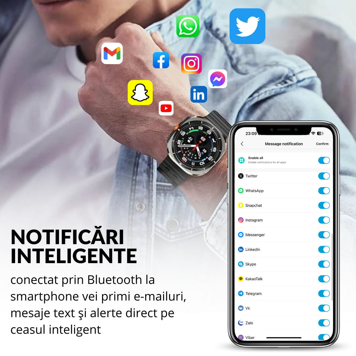 Ceas smartwatch de barbati, Ecran Tactil LCD 1.52", Apel Bluetooth, Multi Sport, Monitorizare Sanatate, Negru