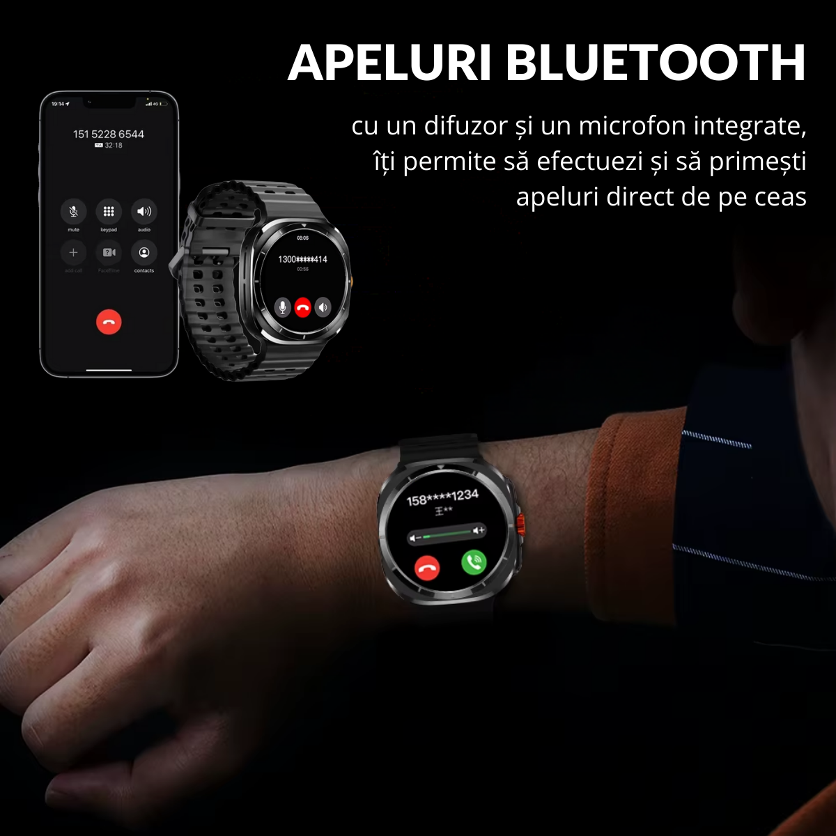 Ceas smartwatch de barbati, Ecran Tactil LCD 1.52", Apel Bluetooth, Multi Sport, Monitorizare Sanatate, Negru