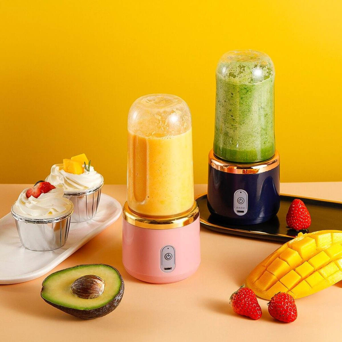 Blender Portabil, 2 Recipiente, 400 ml, 6 Lame 3D, USB-C reincarcabil, 45W, Capac Inclus, Roz, easyCTRL®