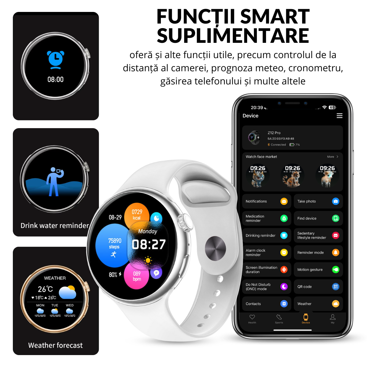 Ceas smartwatch de dama, Ecran Tactil LCD 1.46", Control prin Gesturi, Apel Bluetooth, Multi Sport, Monitorizare Sanatate, Alb