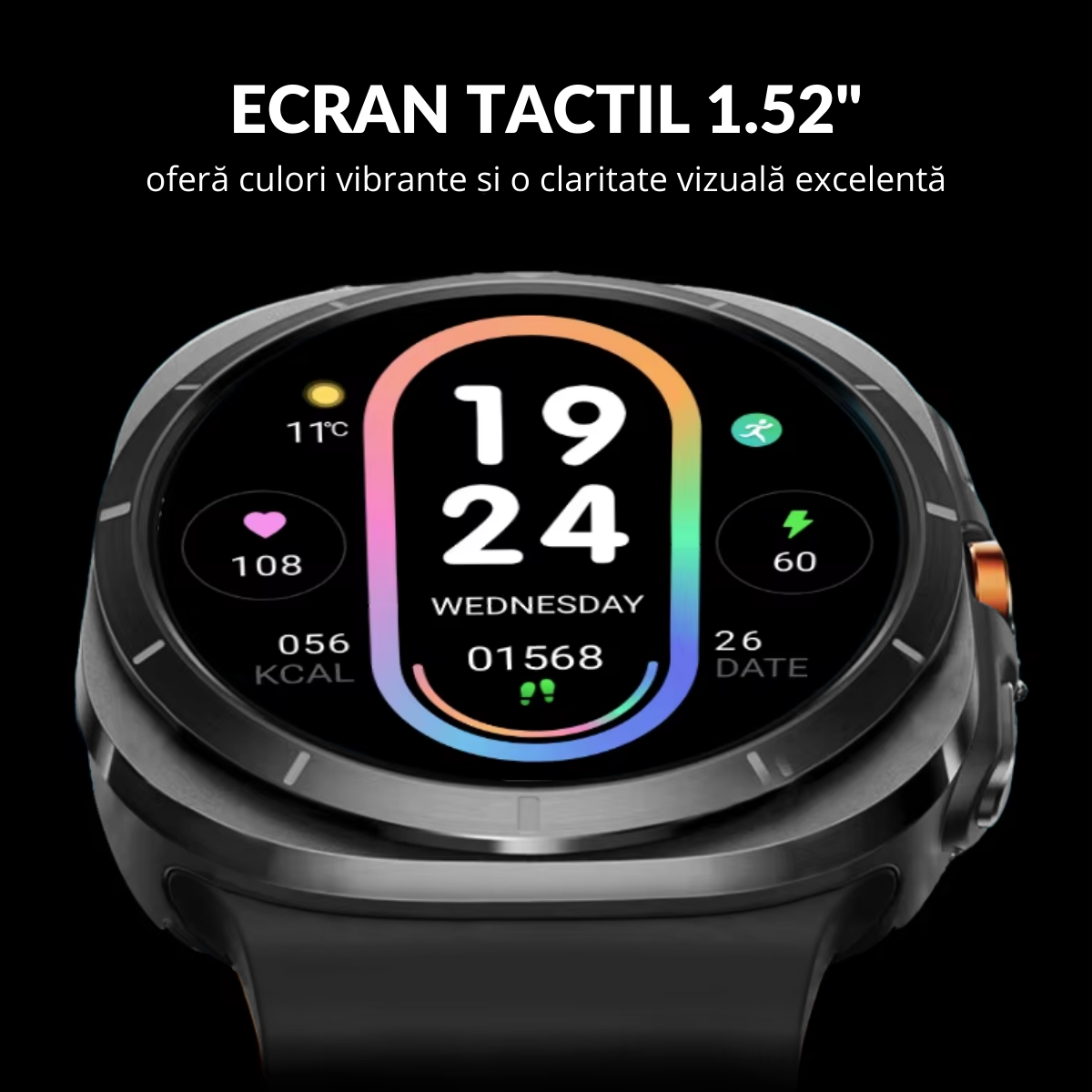 Ceas smartwatch de barbati, Ecran Tactil LCD 1.52", Apel Bluetooth, Multi Sport, Monitorizare Sanatate, Negru