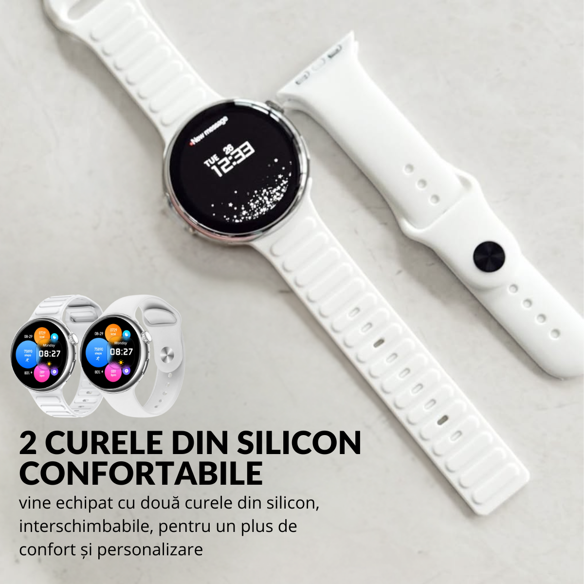 Ceas smartwatch de dama, Ecran Tactil LCD 1.46", Control prin Gesturi, Apel Bluetooth, Multi Sport, Monitorizare Sanatate, Alb
