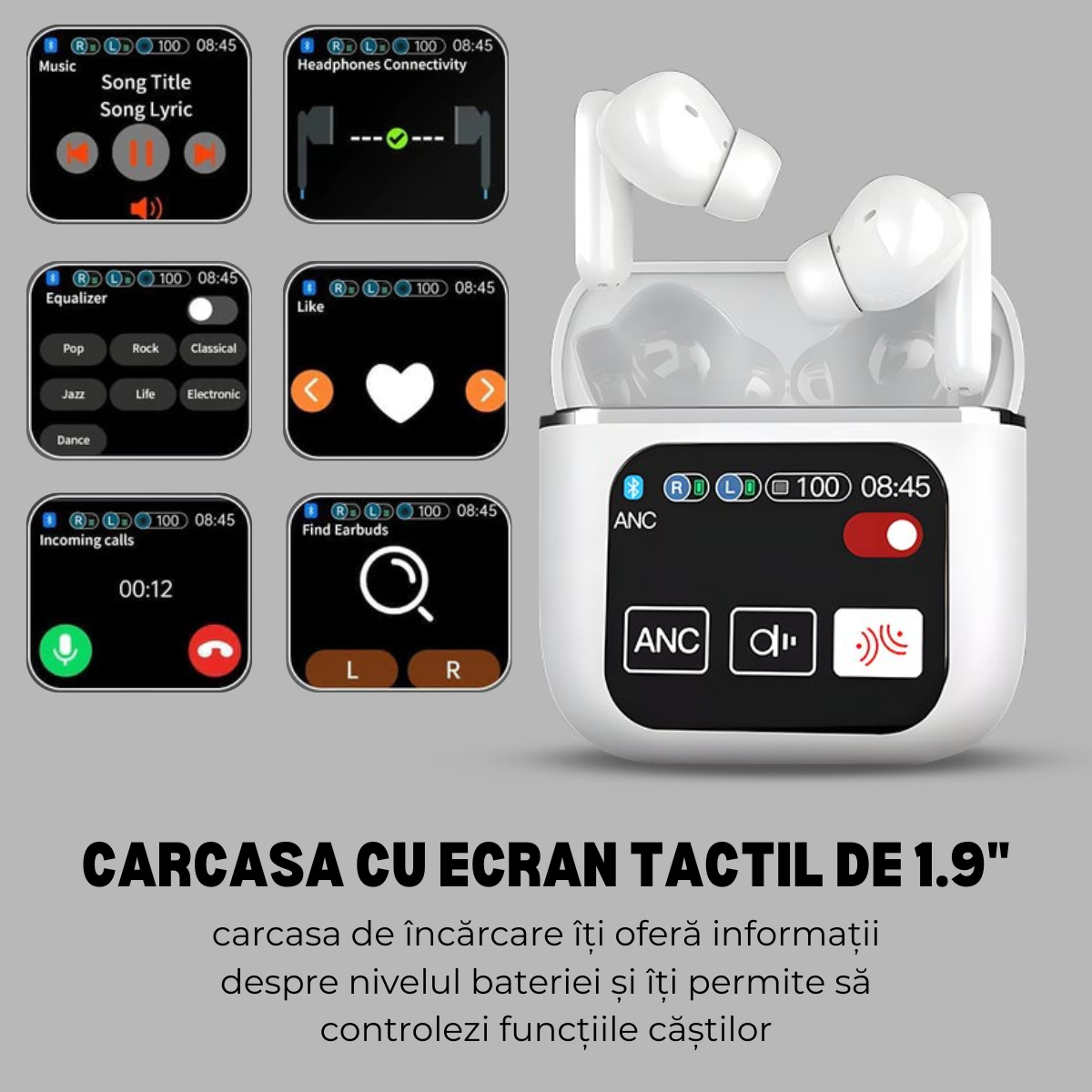 Casti Wireless In Ear, Carcasa cu Touch Screen, Bluetooth 5.4, Control Tactil, Anulare Zgomot ANC + ENC, Alb