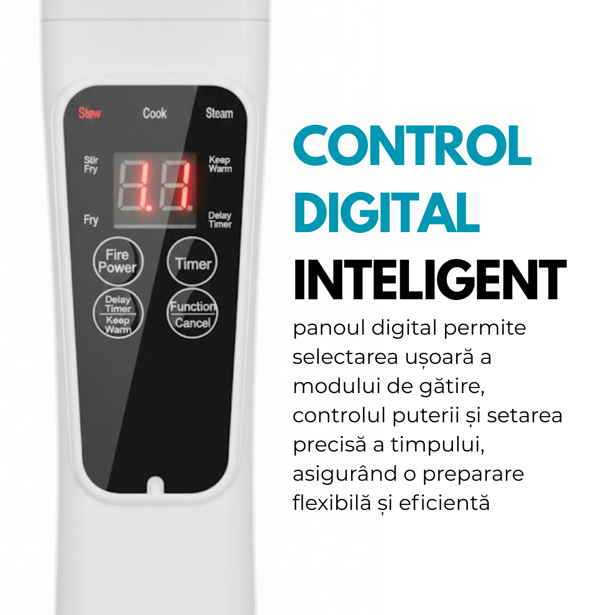 Tigaie Electrica Inteligenta, Multifunctionala, Capacitate 3L, Panou Control Digital, 1000W, Prajire, Fierbere, Sotare, Gatire la Aburi, Mentinerea Caldurii, Diametru 24 cm