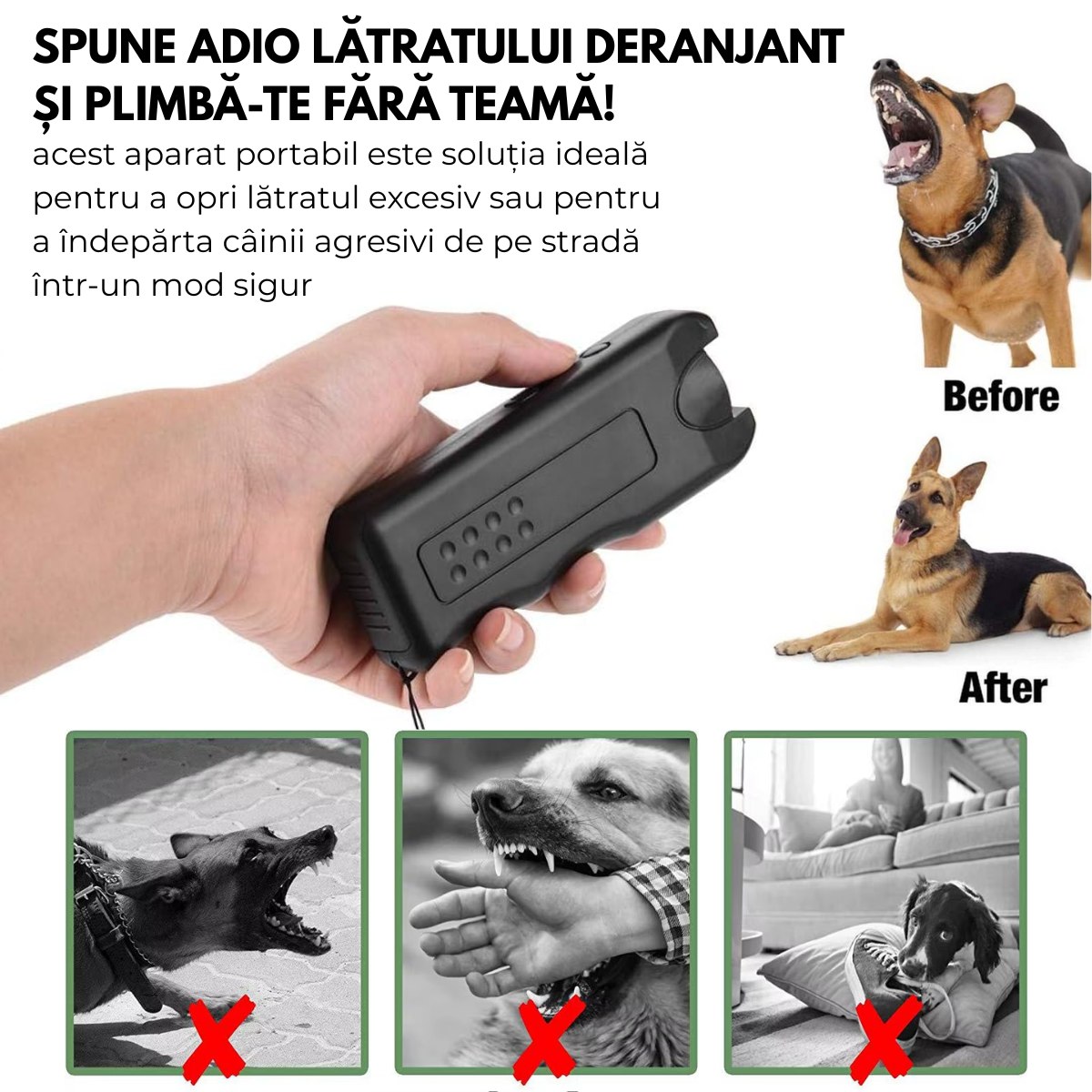 Aparat cu Ultrasunete impotriva cainilor agresivi, 3-in-1, Dresaj Anti-Latrat, Alungare Maidanezi, Lanterna LED, Raza Actiune 30m, Baterie inclusa