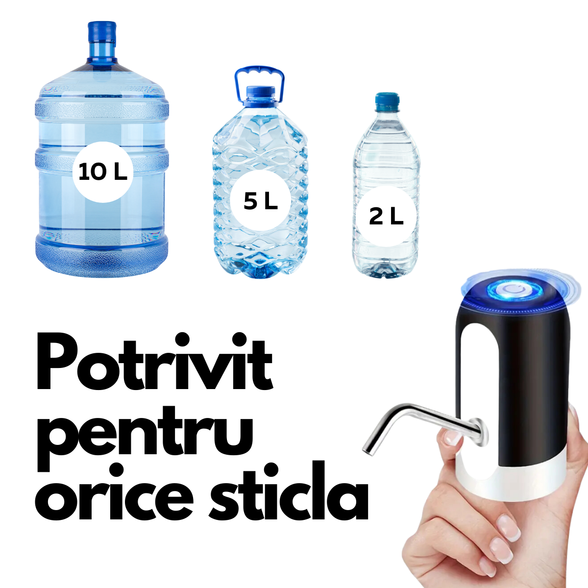 Pompa de apa electrica, baterie reincarcabila, autonomie 30 de zile, fast charge, duza universala, pentru sticle 2L - 20L