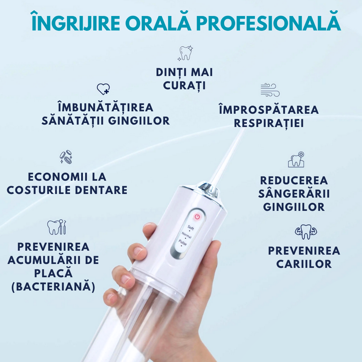 Irigator Bucal Profesional, Dus Bucal Portabil, 4 Capete, 3 Moduri de Curatare, Rezervor 230ml, Roz