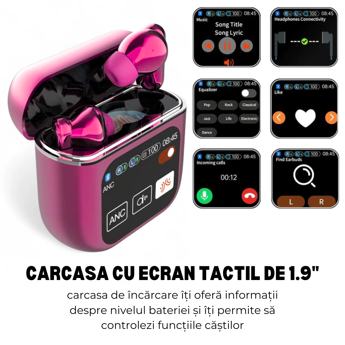 Casti Wireless In Ear, Carcasa cu Touch Screen, Bluetooth 5.4, Control Tactil, Anulare Zgomot ANC + ENC, Mov