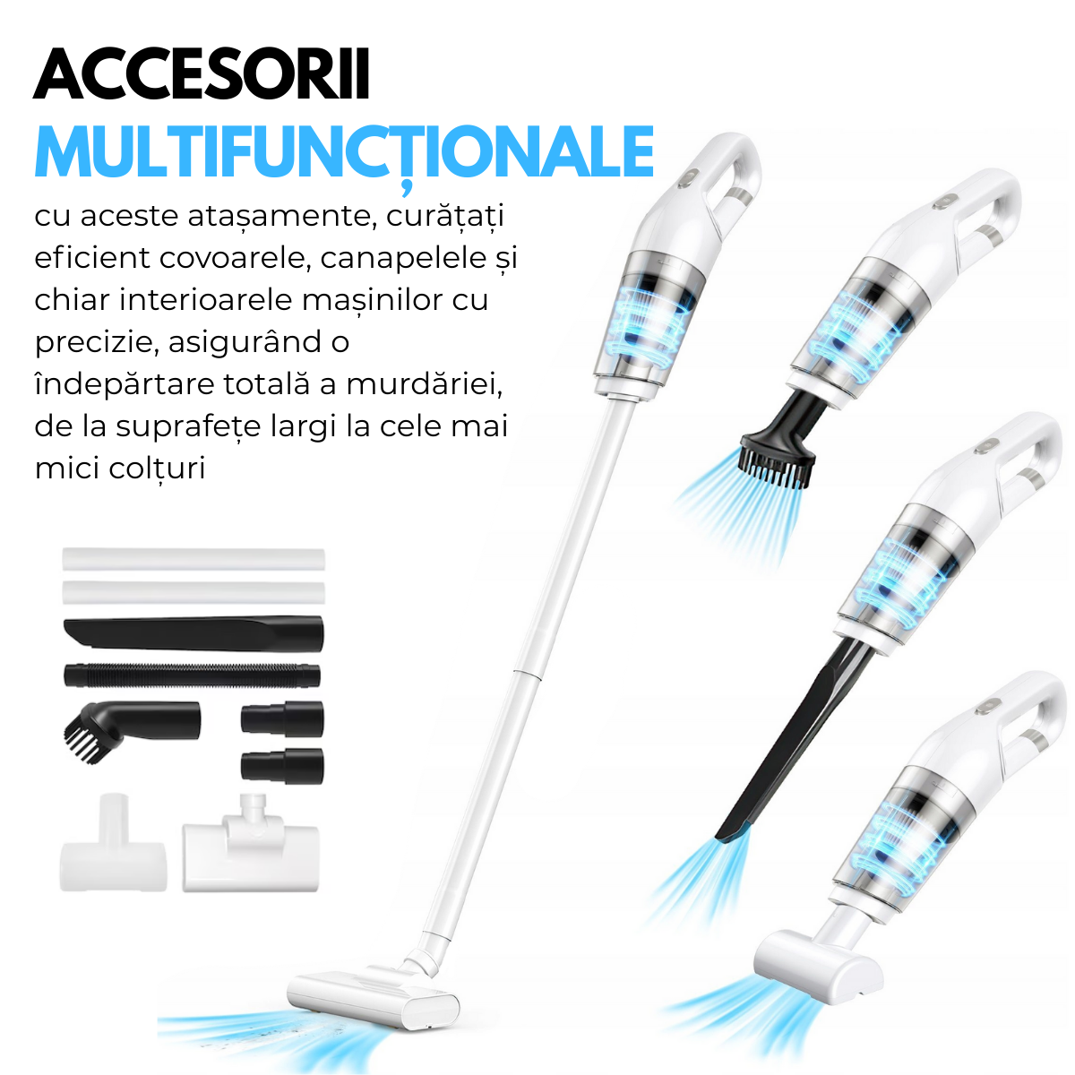 Aspirator fara fir 2-in-1, Vertical si de Mana, Acumulator 2000mAh, pentru Casa, Masina, Birou, 120W, Filtru HEPA, Accesorii Multifunctionale