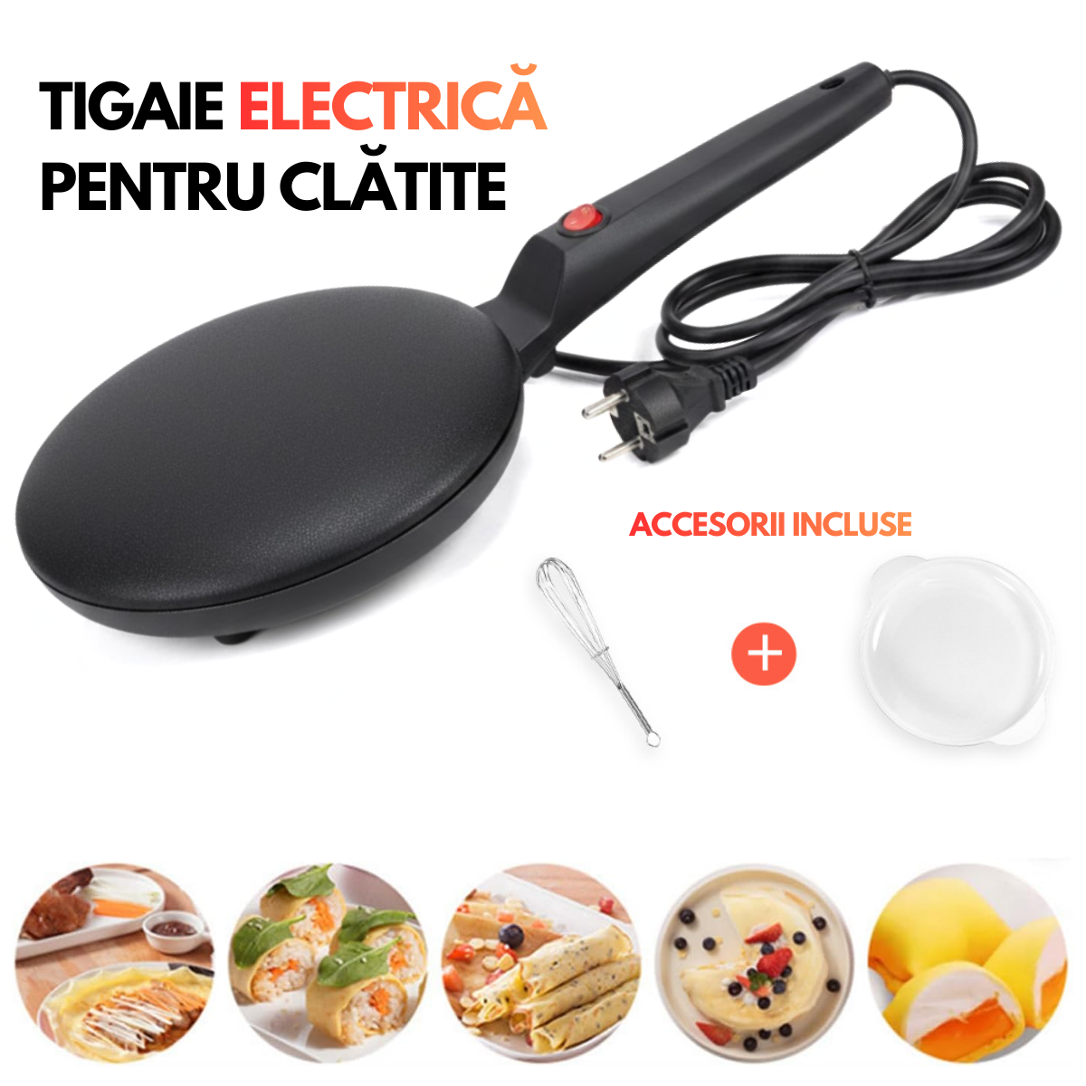 Tigaie Electrica pentru Clatite, Include Vas pentru Aluat si Mini Tel, 600W, Suprafata antiaderenta, Diametru 20cm
