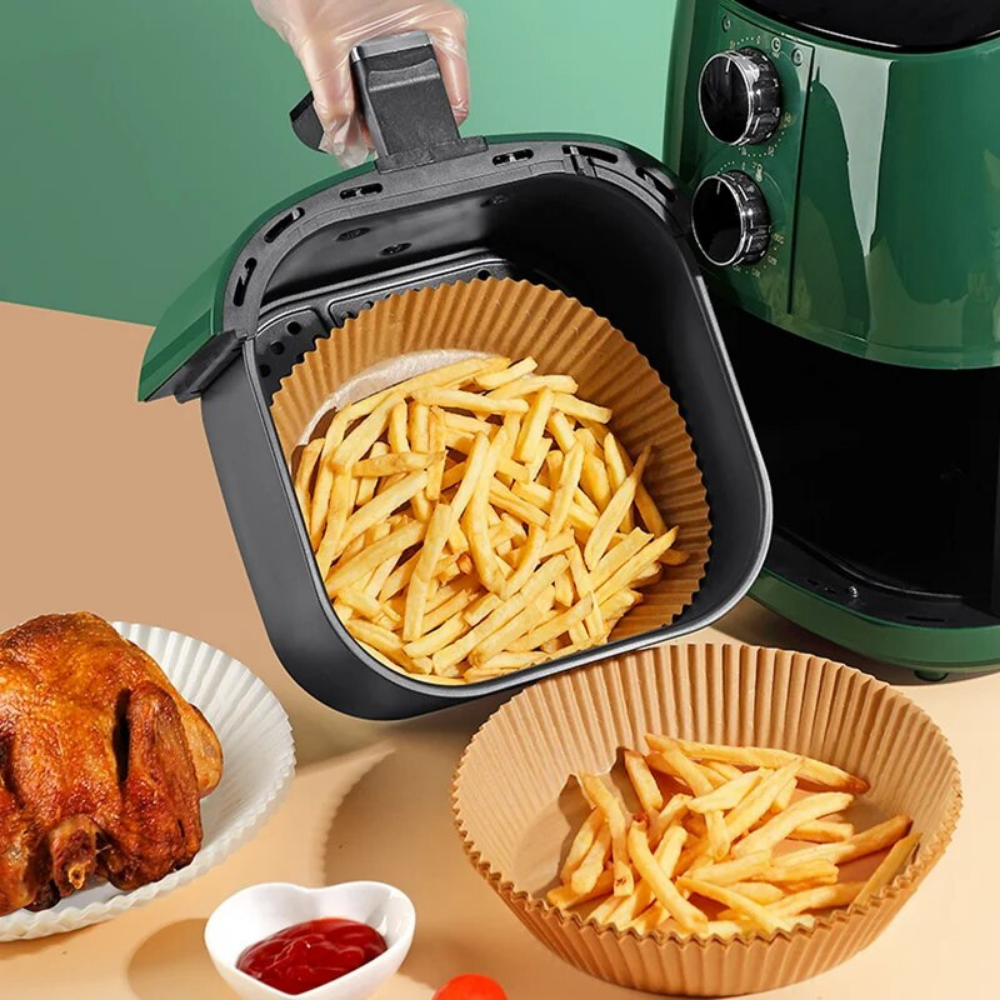 Set 50 Hartii de Copt, pentru Airfryer, Antiaderent, Rezistent la Caldura, Unica Folosinta, Model Rotund, 20 x 4,5, Maro