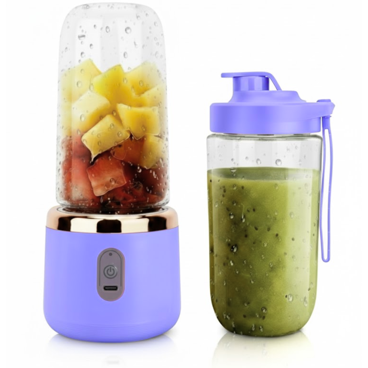 Blender Portabil, 2 Recipiente, 400 ml, 6 Lame 3D, USB-C reincarcabil, 45W, Capac Inclus, Mov, easyCTRL®