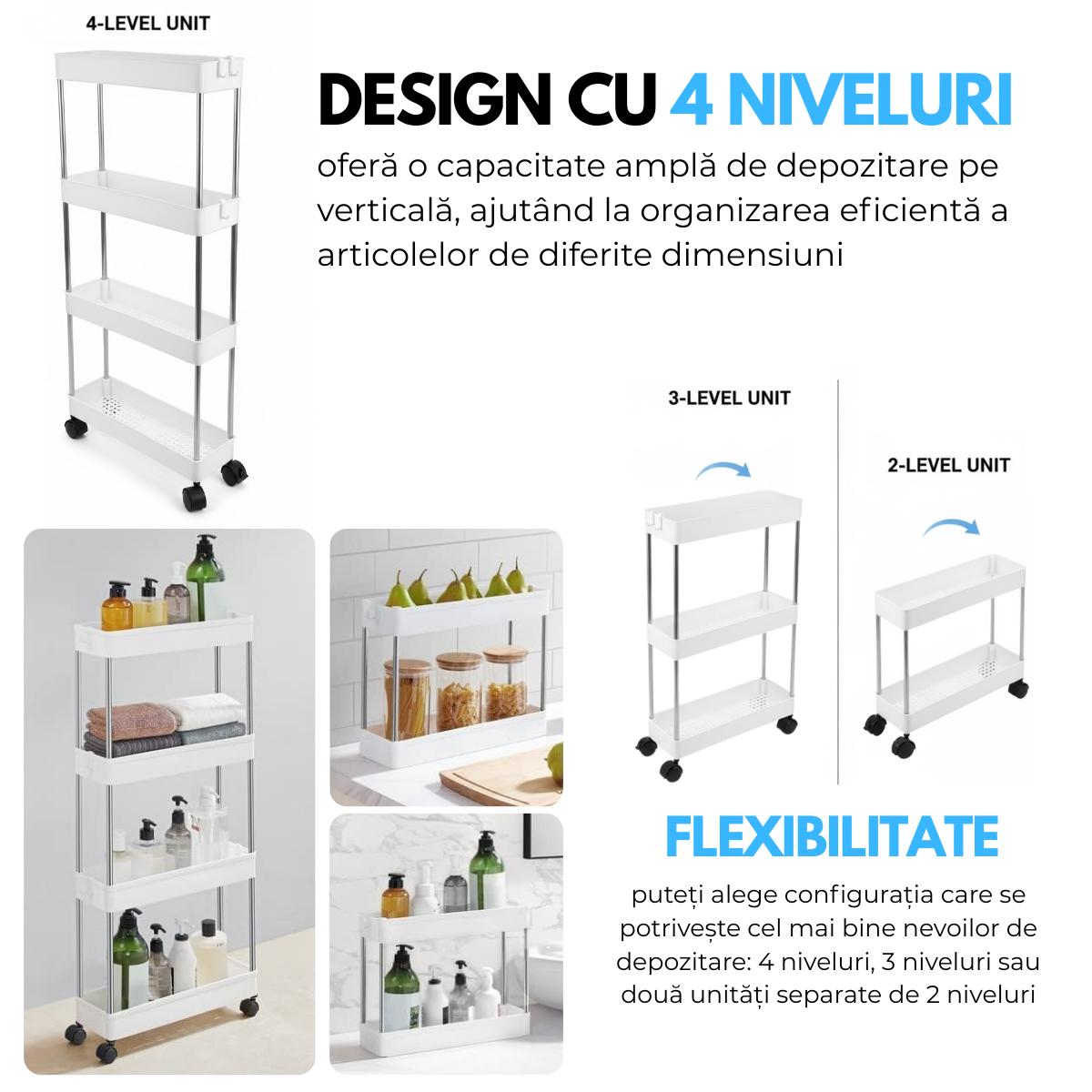 Raft Depozitare Mobil pentru Bucatarie/Baie, Modular pe 4 Niveluri, 4 Roti, 3 Carlige detasabile, pentru Organizarea Spatiilor Inguste, 40x13x87 cm