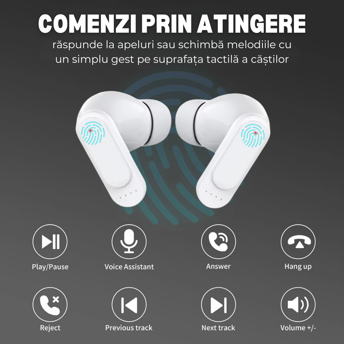 Casti Wireless In Ear, Carcasa cu Touch Screen, Bluetooth 5.4, Control Tactil, Anulare Zgomot ANC + ENC, Alb