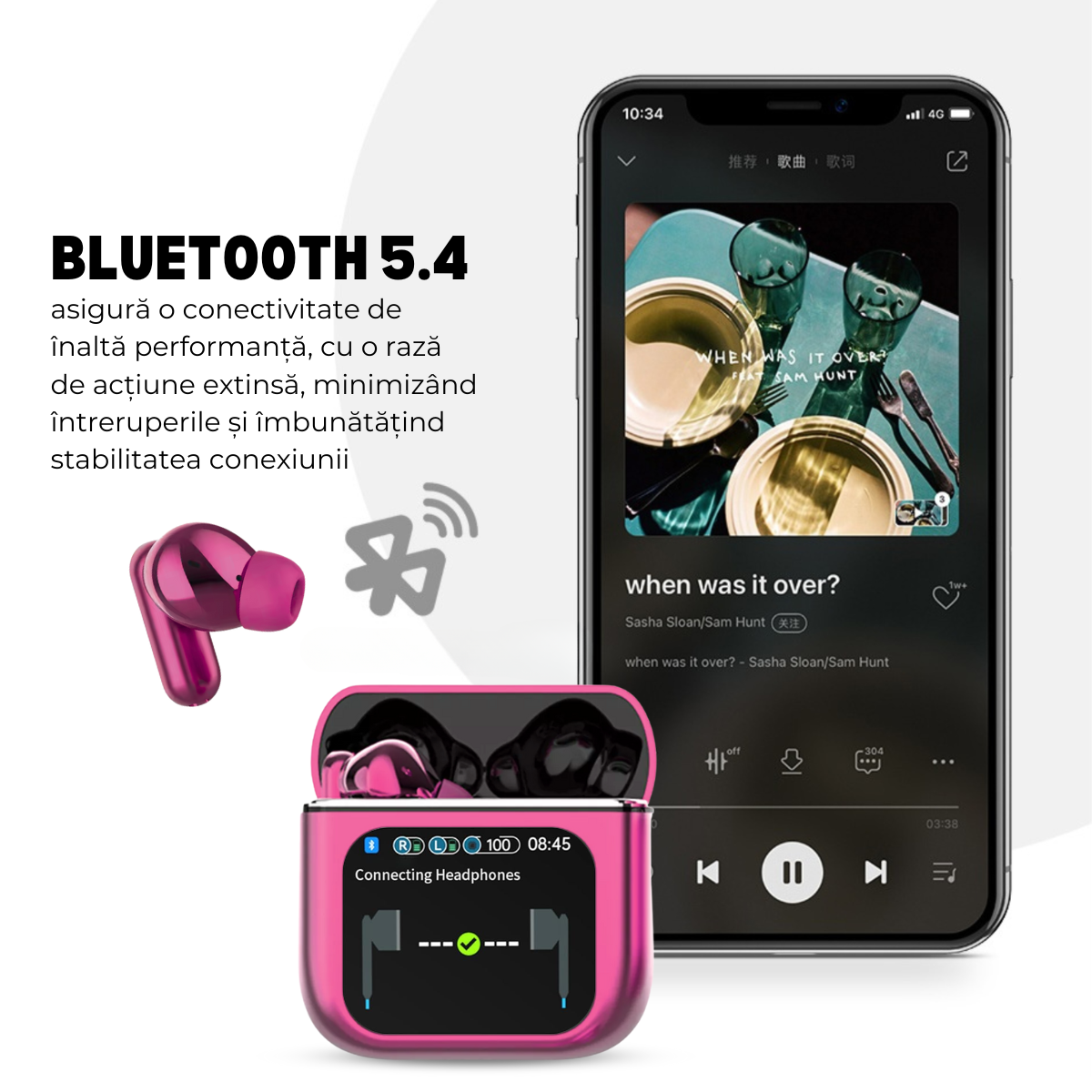 Casti Wireless In Ear, Carcasa cu Touch Screen, Bluetooth 5.4, Control Tactil, Anulare Zgomot ANC + ENC, Mov