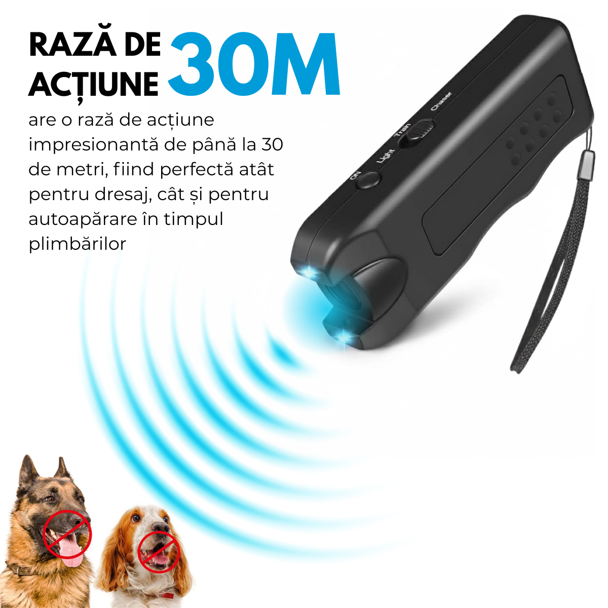 Aparat cu Ultrasunete impotriva cainilor agresivi, 3-in-1, Dresaj Anti-Latrat, Alungare Maidanezi, Lanterna LED, Raza Actiune 30m, Baterie inclusa