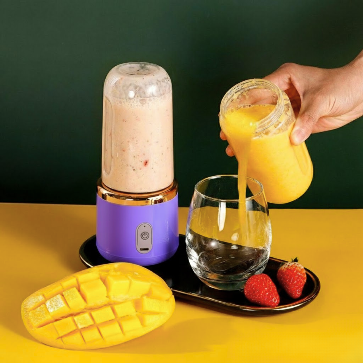 Blender Portabil, 2 Recipiente, 400 ml, 6 Lame 3D, USB-C reincarcabil, 45W, Capac Inclus, Mov, easyCTRL®