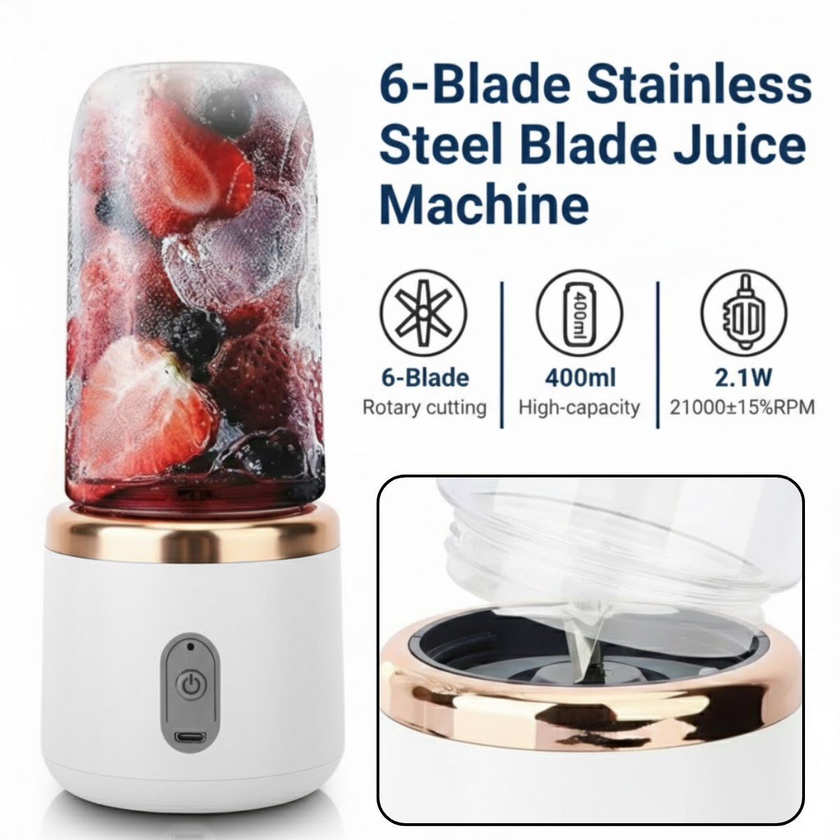 Blender Portabil, 2 Recipiente, 400 ml, 6 Lame 3D, USB-C reincarcabil, 45W, Capac Inclus, Gri, easyCTRL®