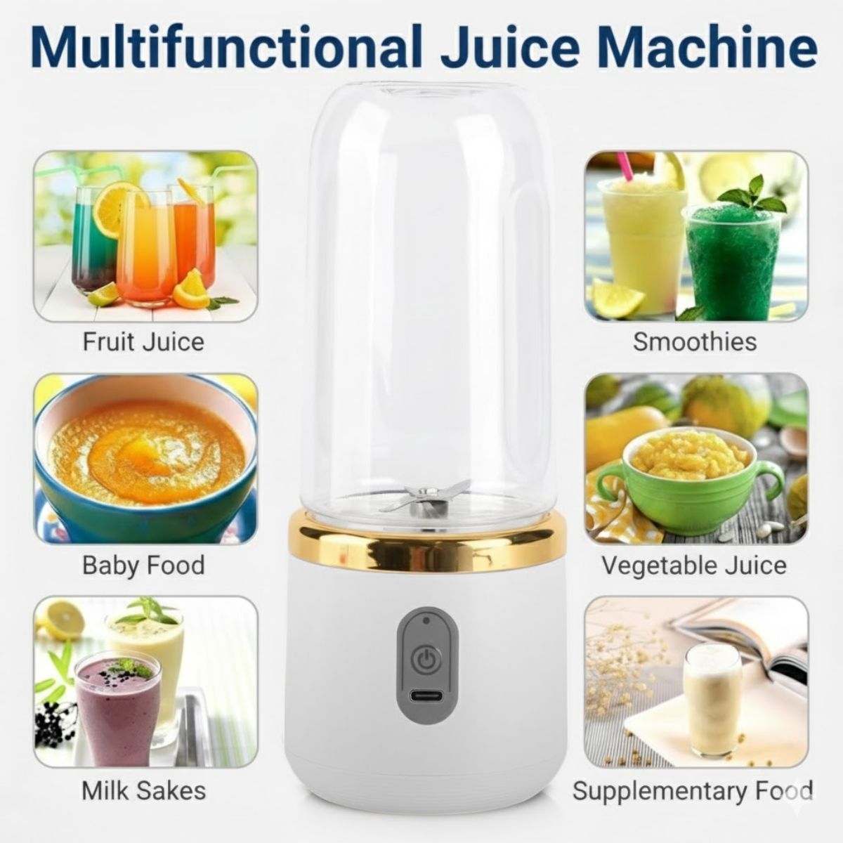 Blender Portabil, 2 Recipiente, 400 ml, 6 Lame 3D, USB-C reincarcabil, 45W, Capac Inclus, Gri, easyCTRL®