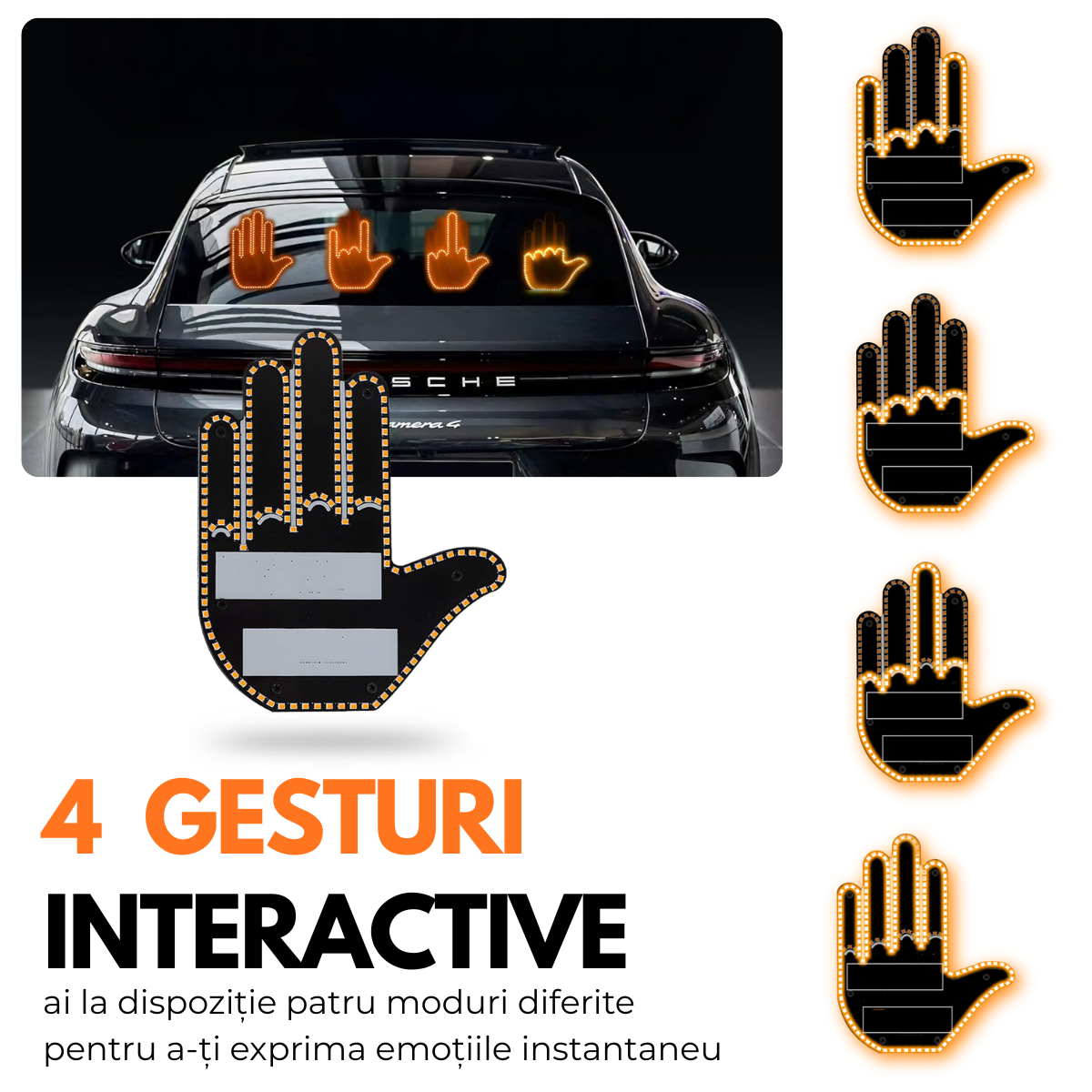 Semn LED Auto cu Telecomanda, 4 Gesturi Interactive, Alimentare cu Baterii, Fixare cu benzi velcro autoadezive