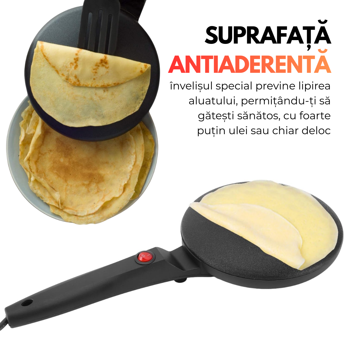 Tigaie Electrica pentru Clatite, Include Vas pentru Aluat si Mini Tel, 600W, Suprafata antiaderenta, Diametru 20cm