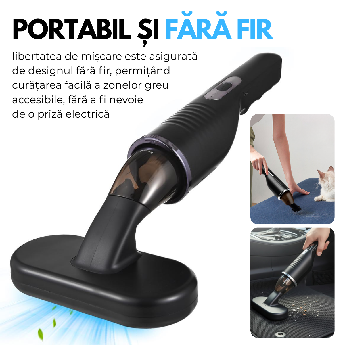 Aspirator de mana fara fir, Portabil, Acumulator 2000mAh, pentru Casa, Masina, Birou, 80W, Filtru HEPA, Accesorii Multifunctionale