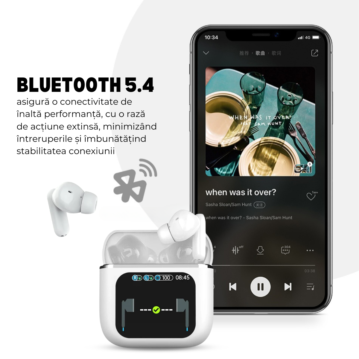 Casti Wireless In Ear, Carcasa cu Touch Screen, Bluetooth 5.4, Control Tactil, Anulare Zgomot ANC + ENC, Alb