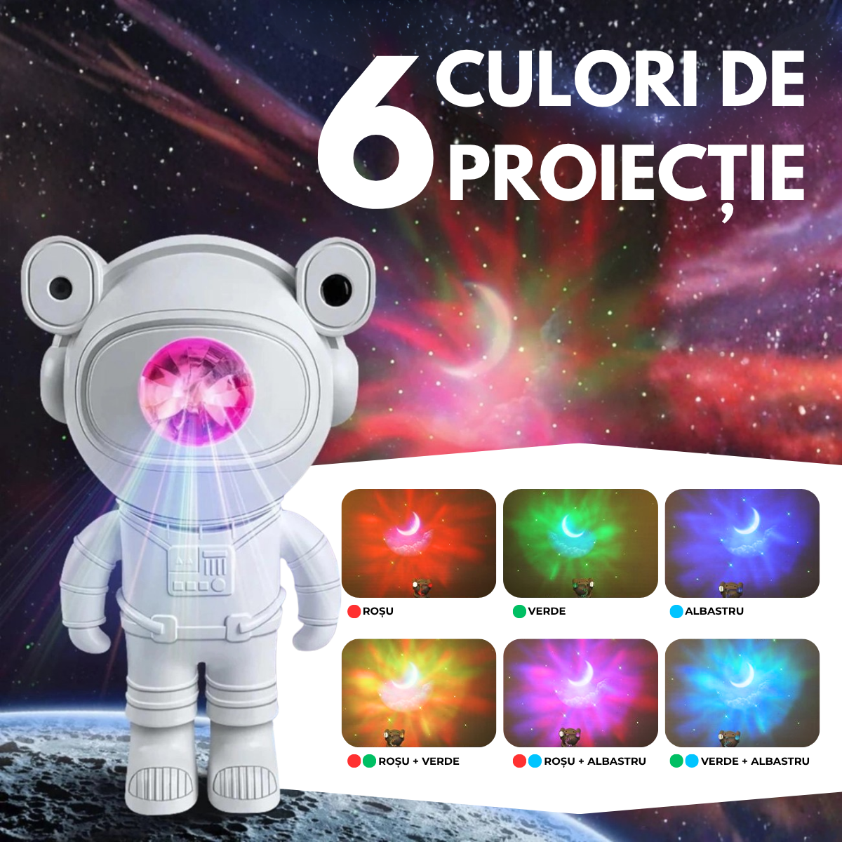 Proiector Galaxie Astronaut, Boxa Bluetooth, Lampa de veghe, Suport Magnetic Reglabil 360°, Brate Mobile, Alb